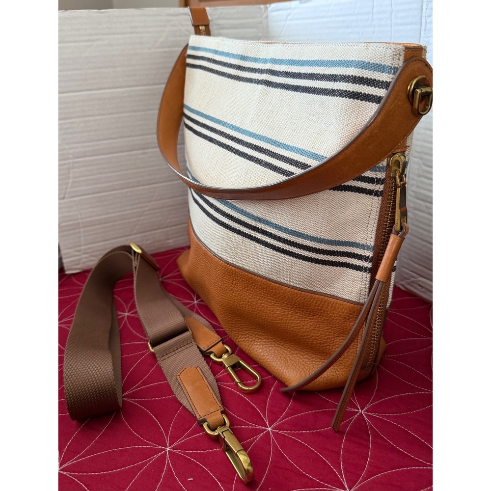Fossil Maya Hobo Bag Striped Canvas Leather Shoulder Crossbody Tan Blue ZB7230 - Picture 5 of 10